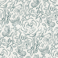 Butterfly Bloom Line Art wallpaper close-up of teal line-drawn roses and butterflies on cream