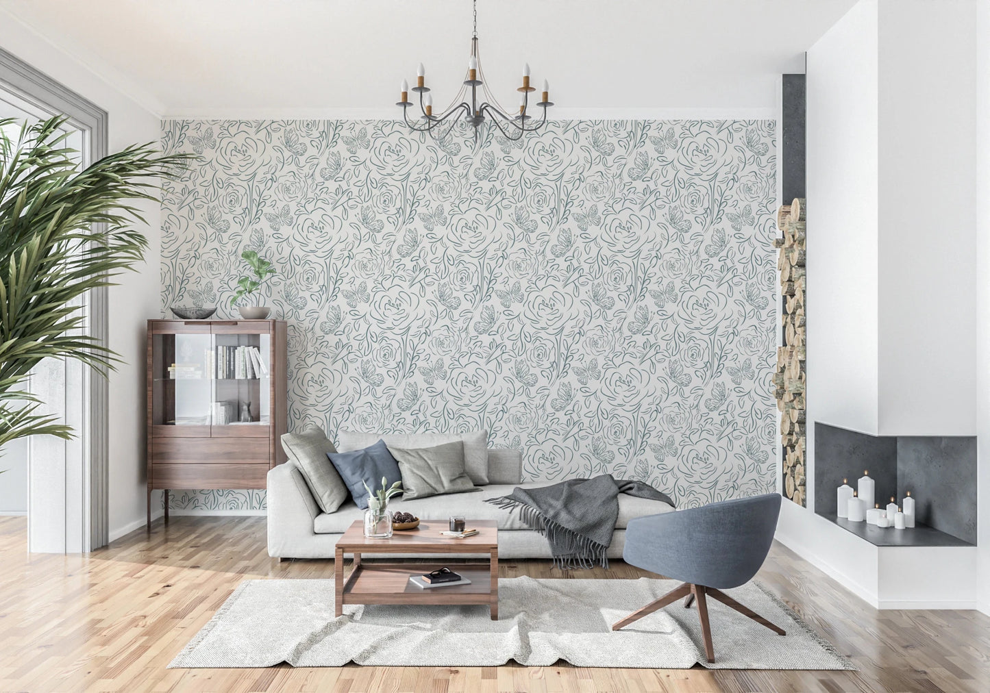 Butterfly Bloom Line Art wallpaper in a living room with grey sofa, chandelier and a candlelit fireplace