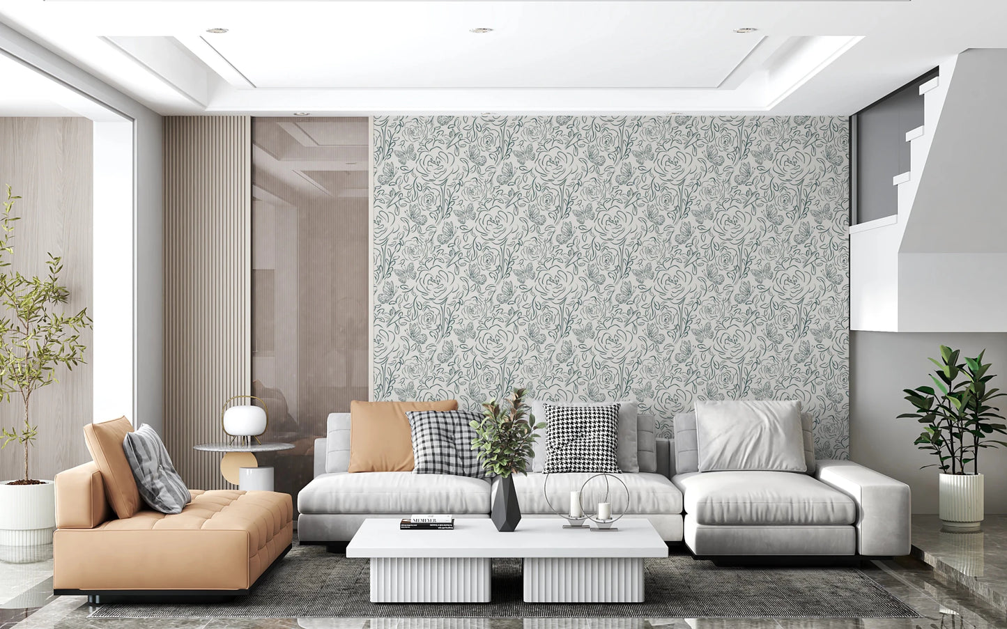 Butterfly Bloom Line Art wallpaper behind a grey sectional and tan leather chaise near a staircase