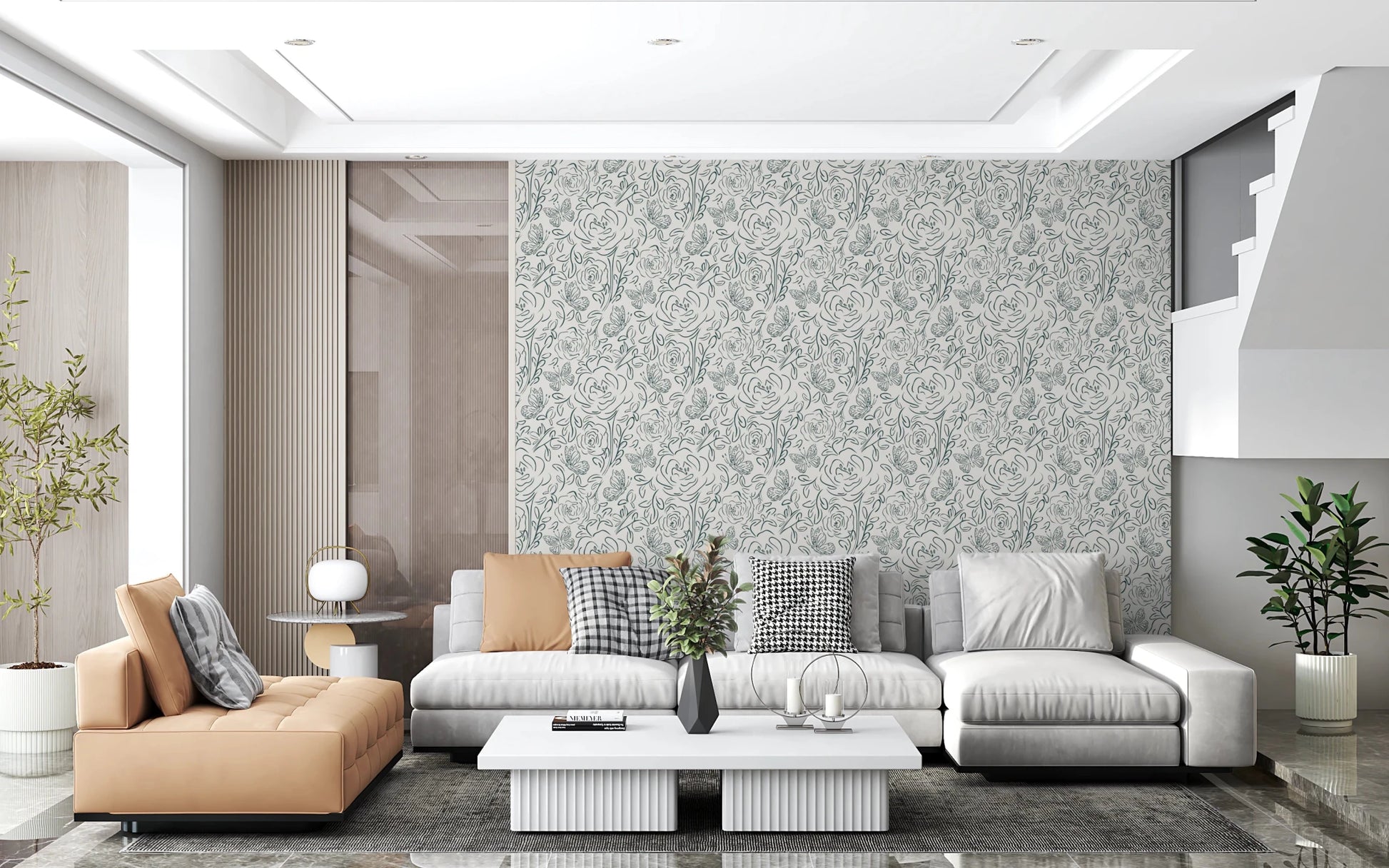 Butterfly Bloom Line Art wallpaper behind a grey sectional and tan leather chaise near a staircase