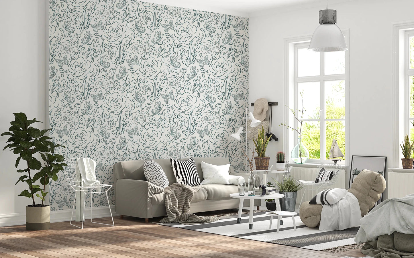 Butterfly Bloom Line Art wallpaper in a bright Scandinavian living room with beige sofa and striped rug