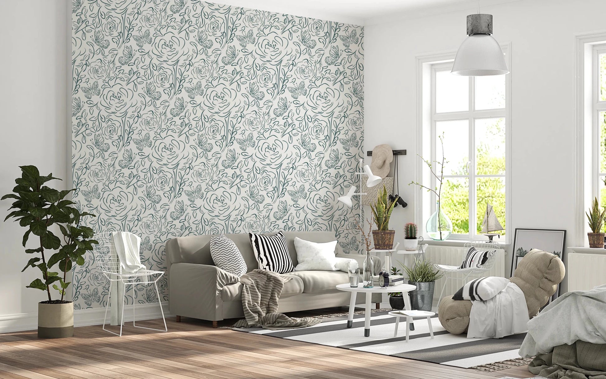 Butterfly Bloom Line Art wallpaper in a bright Scandinavian living room with beige sofa and striped rug
