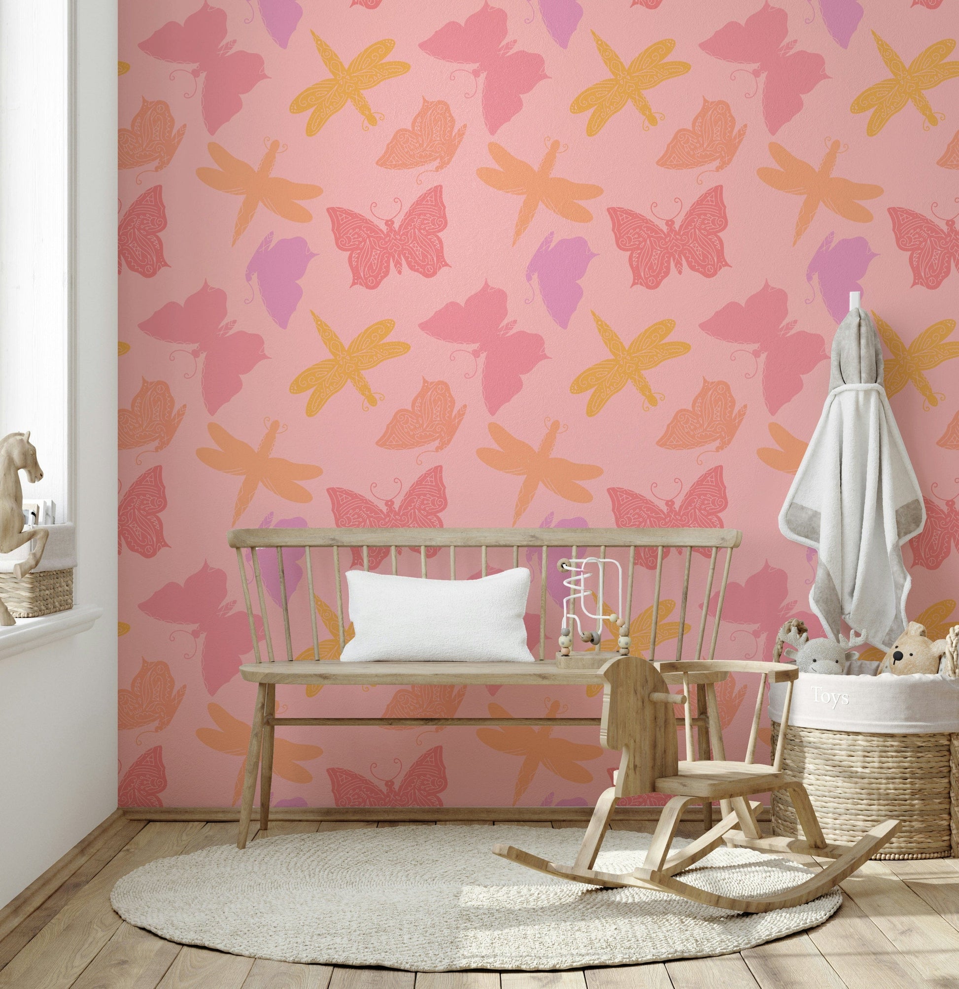 Patterned insect wallpaper featuring stylized winged creatures in gentle, warm pastel hues.