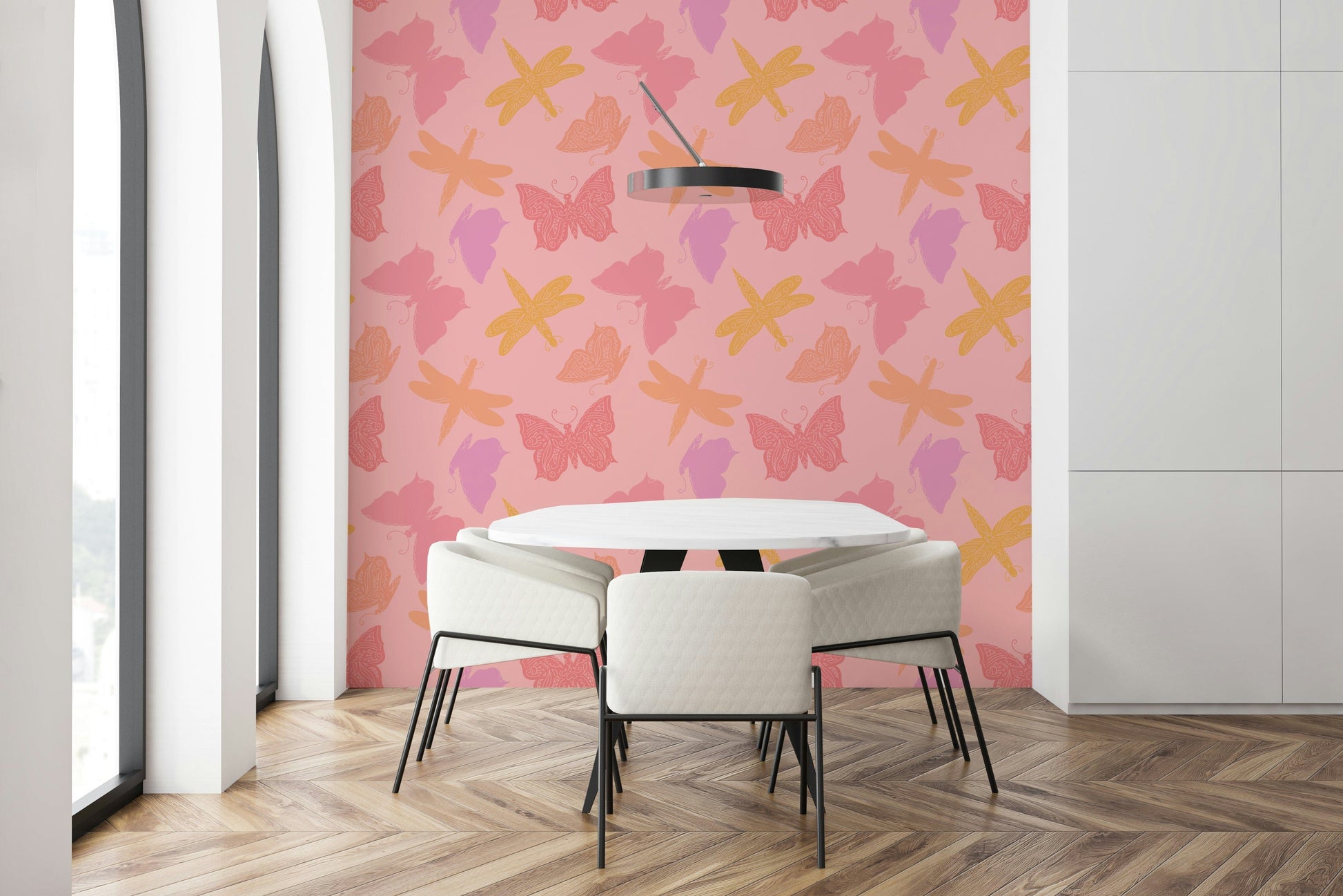 Decorative insect-themed wallpaper showcasing floating butterfly and dragonfly motifs in warm pastel tones.