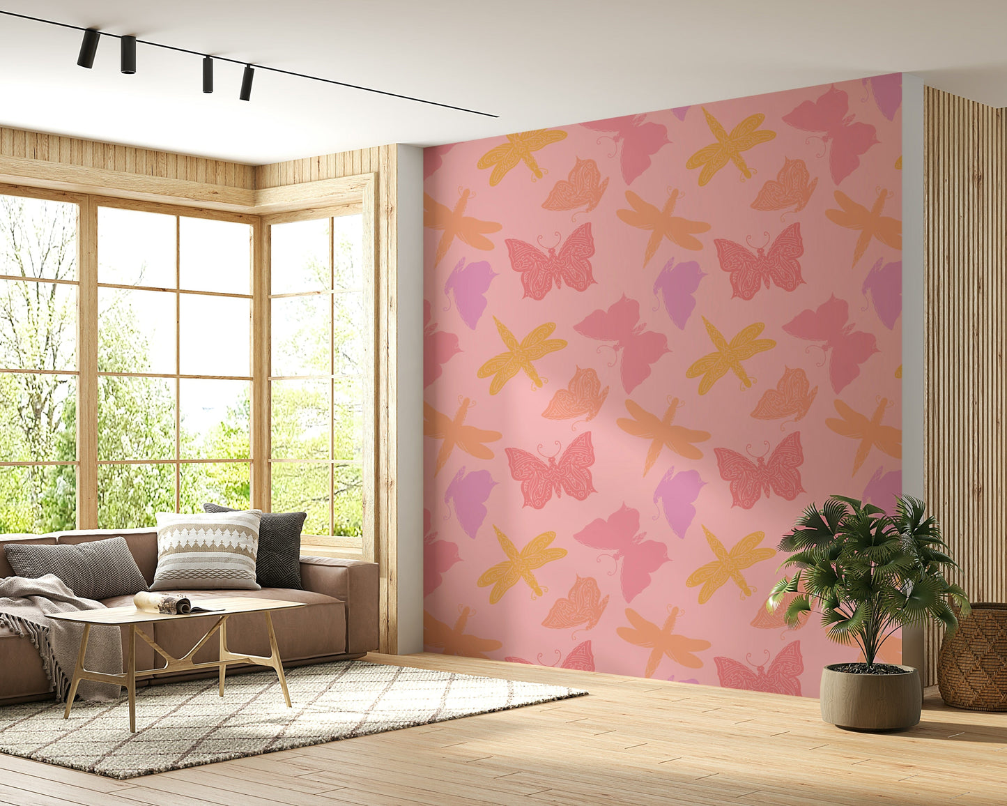Butterfly Wings & Dragonflies wallpaper featuring pastel butterflies and dragonflies on a soft pink background.