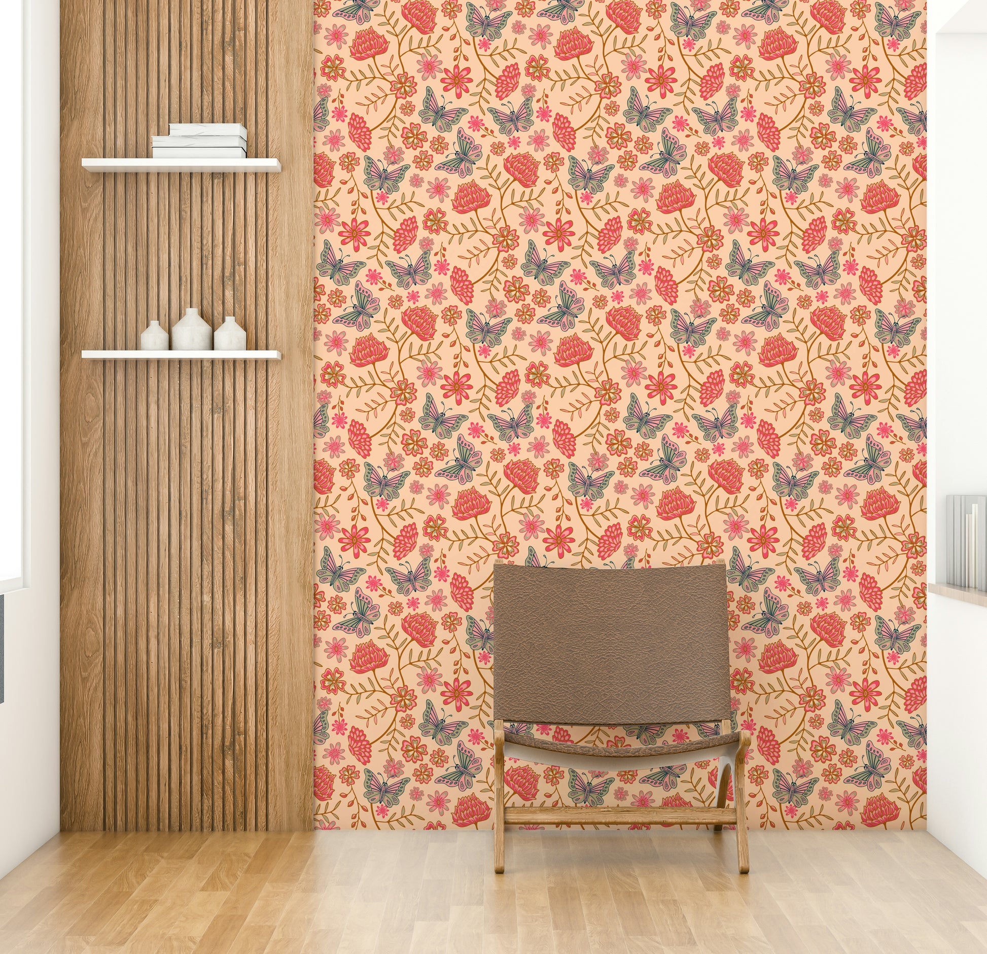 The wallpaper is installed in a formal, elegant living room.

