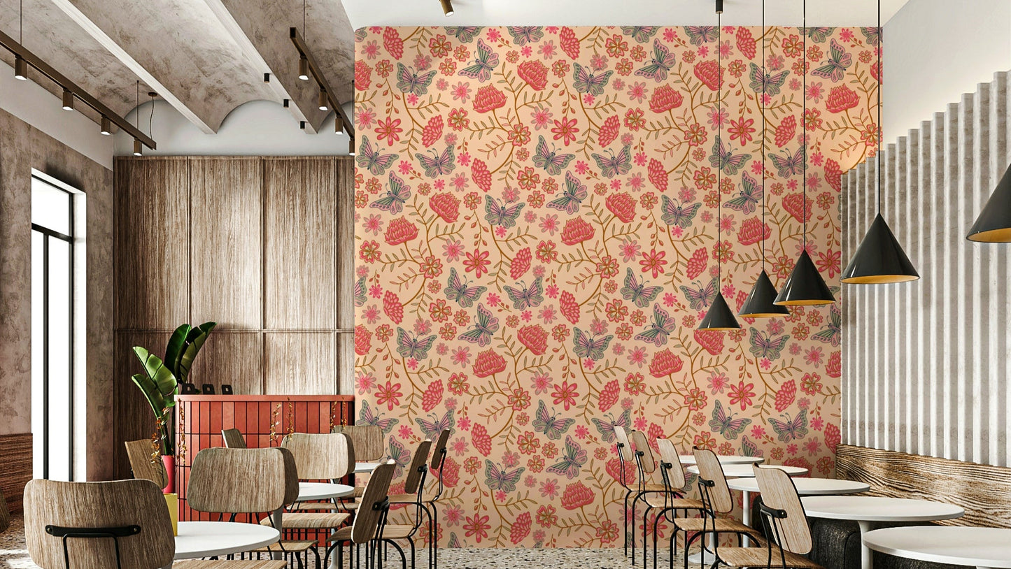 The image shows a repeating design with butterflies and flowers.

