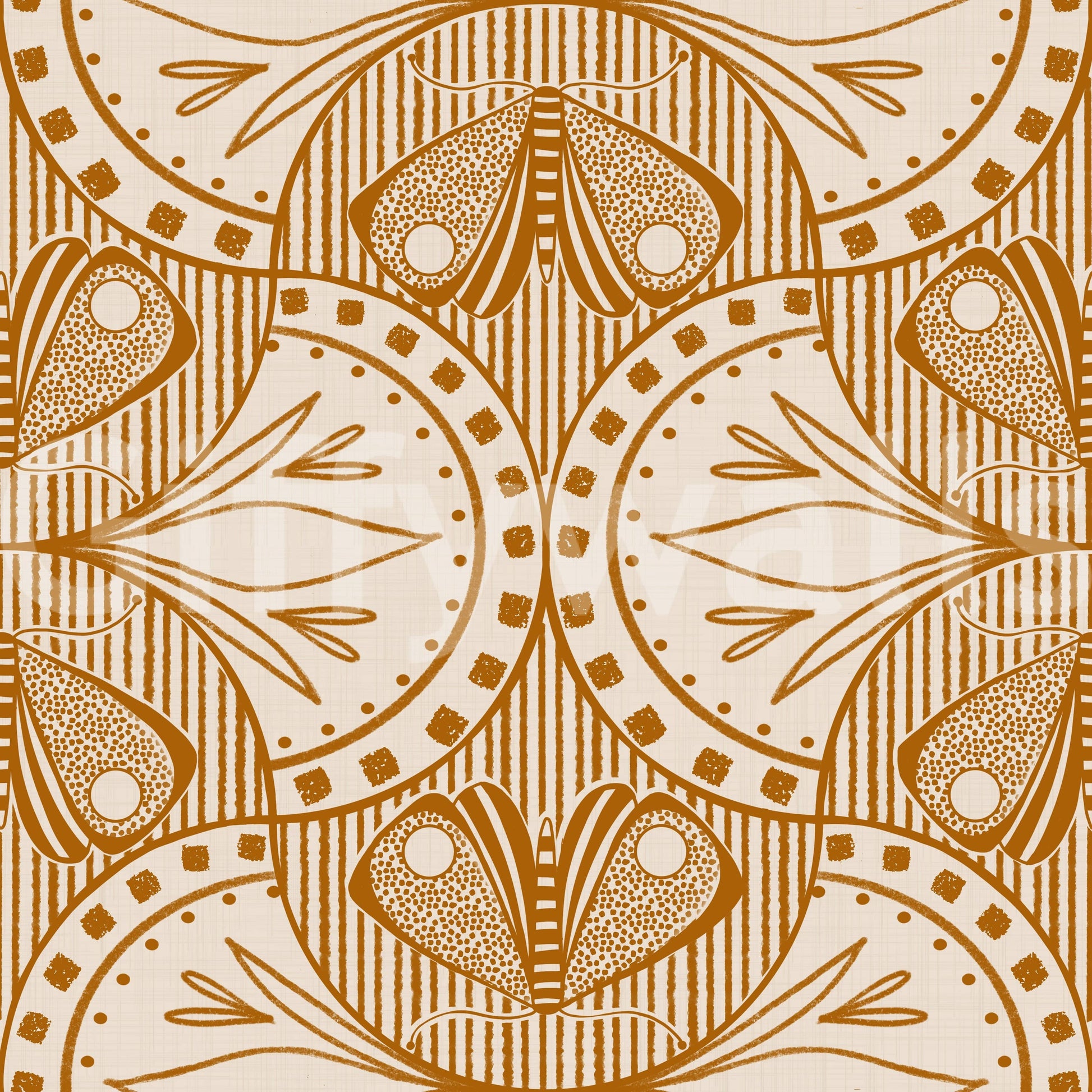 Orange Art Nouveau Butterfly Floral repeating pattern rich colors.