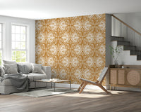 Art Nouveau-inspired wall covering symmetrical butterfly repeating shapes.