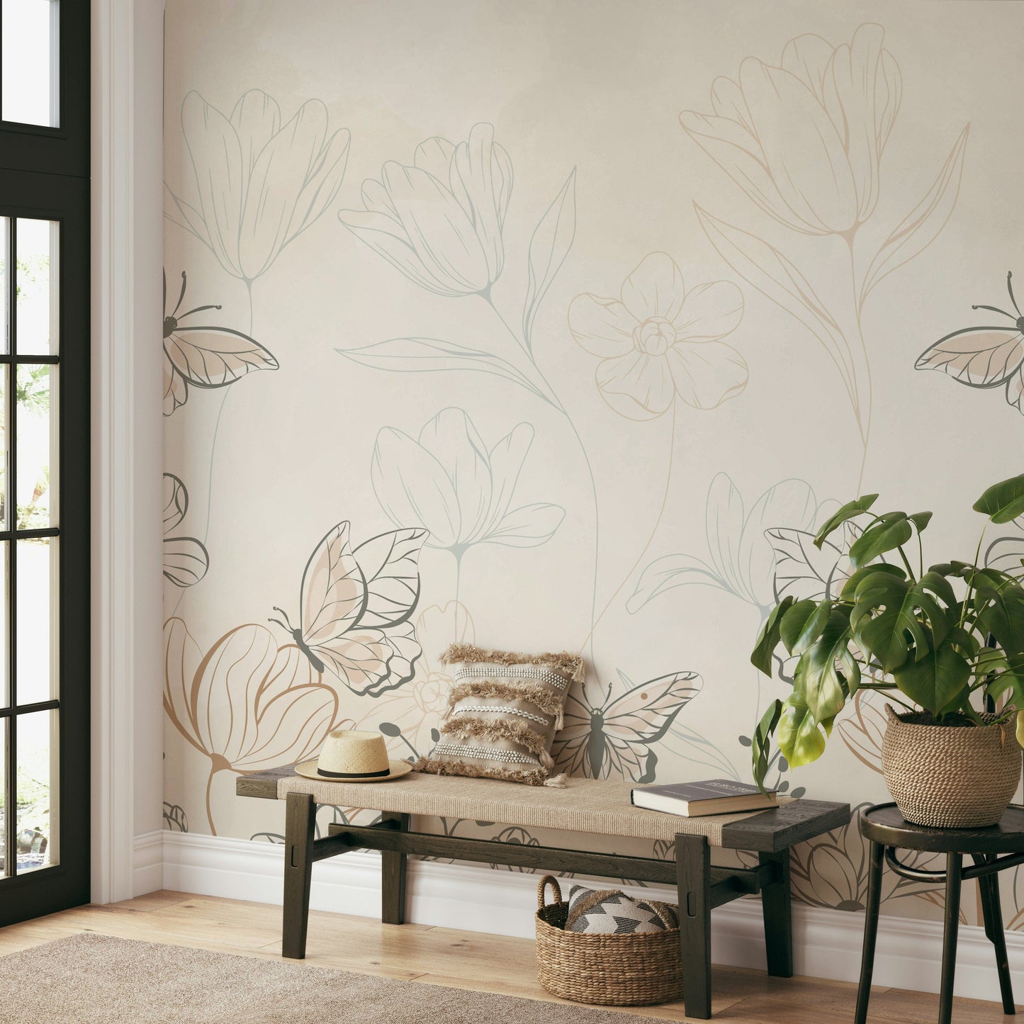 A peaceful wall mural with a whimsical, flying design.

