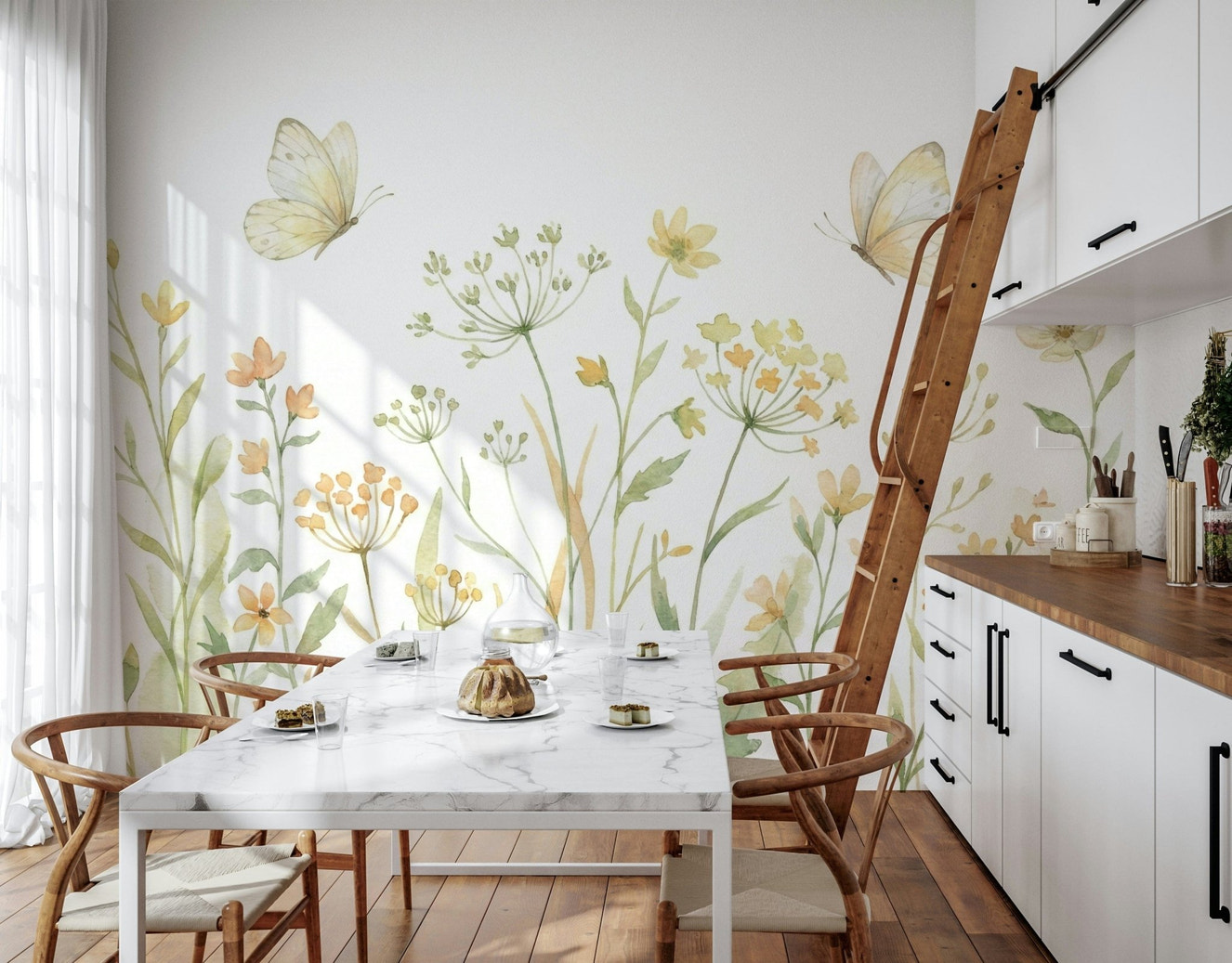 Elegant insect and floral motifs for a sophisticated home office setup.