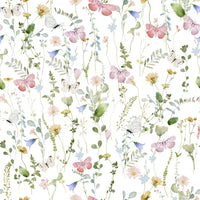 Airy botanical wallpaper with butterflies on white base