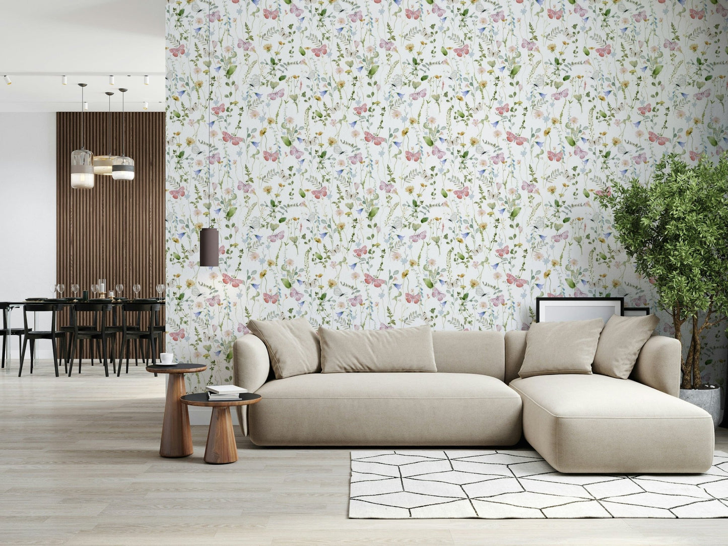 Botanical butterfly pattern wallpaper in airy hues