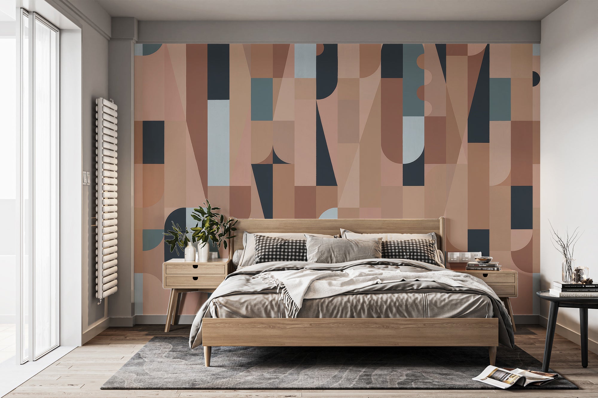 Chromatic Puzzle Wall mural in terracotta and navy geometric shapes behind a wooden bed in a bedroom