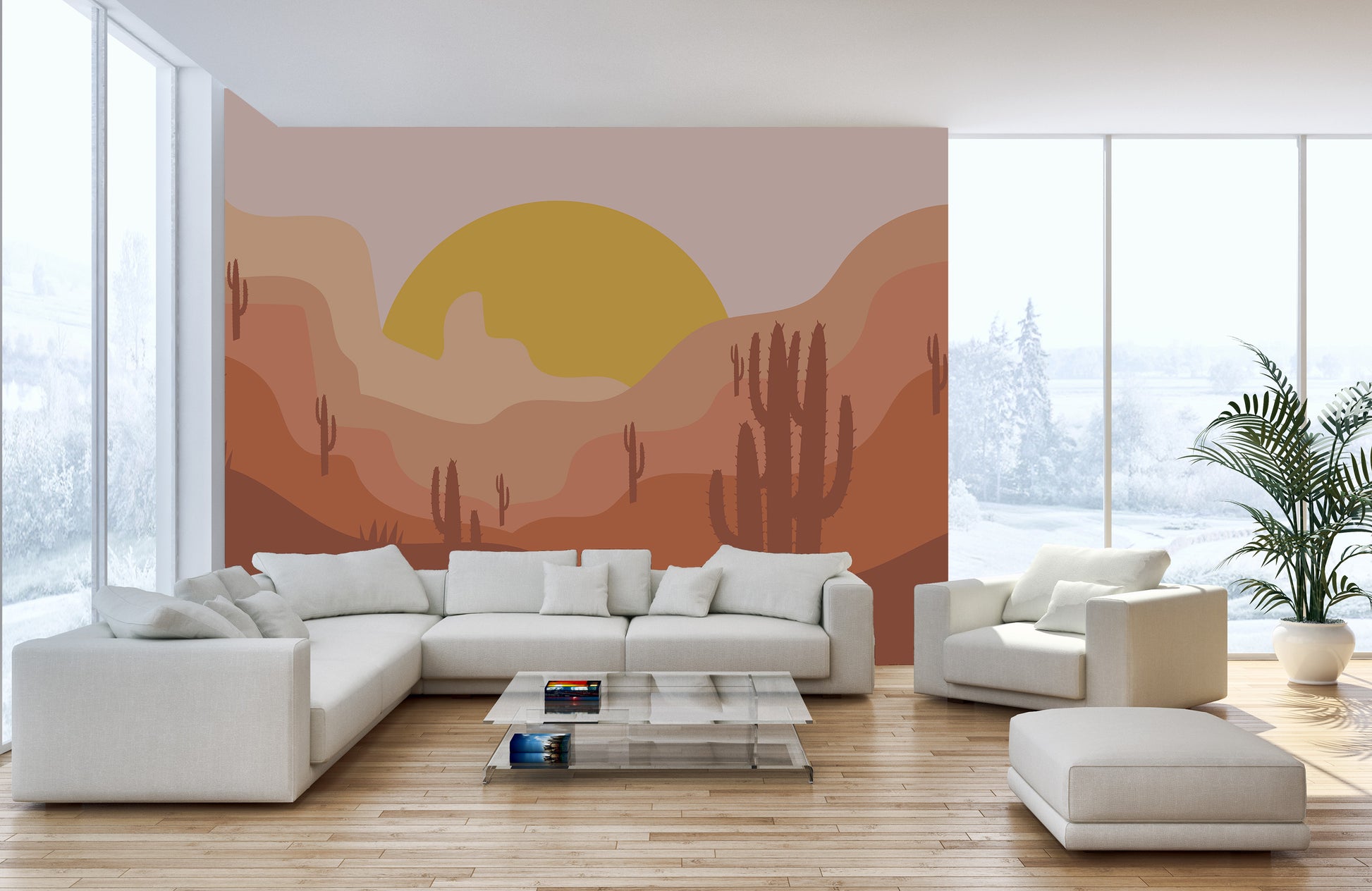 Premium canvas desert landscape wall mural in a large modern living room featuring a white sectional sofa and tall windows.
