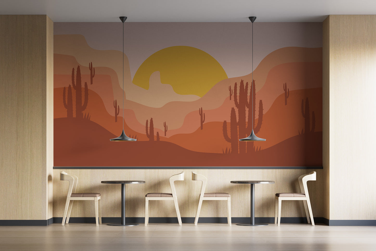 Temporary desert landscape wall mural in a cafe or commercial space with small round tables and chairs for a seasonal update.