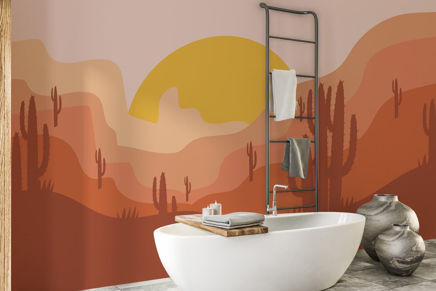 Standard finish desert landscape wall mural in a minimalist bathroom with a white bathtub creating a relaxing desert oasis.