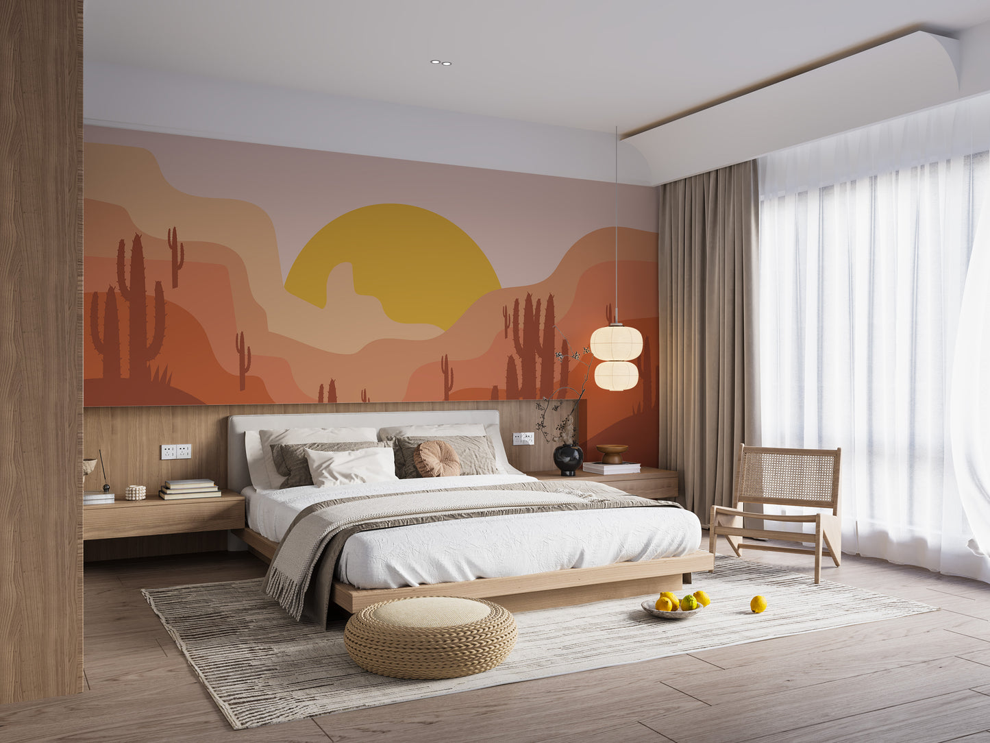 Standard desert landscape wall mural in a bright minimalist bedroom with a bed on the floor for a serene morning atmosphere.