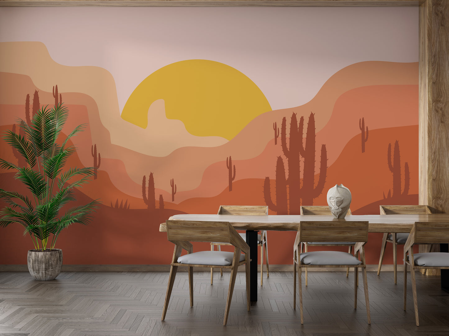 Canvas texture desert landscape wall mural in a bright dining area with wooden furniture and a large green potted plant.