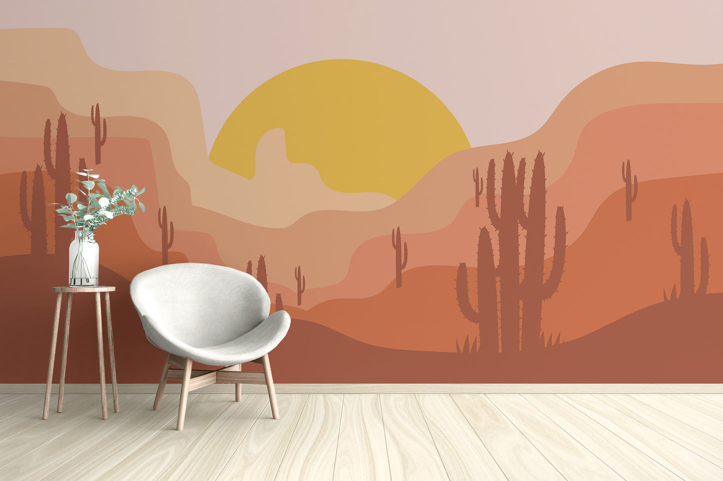 Peel and stick desert landscape wall mural in a minimalist room with a white chair and tripod table for a boho vibe.