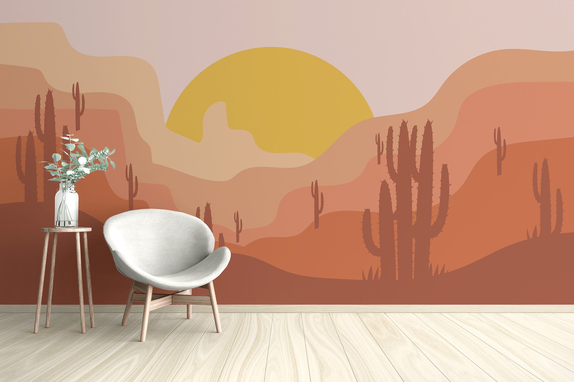 Peel and stick desert landscape wall mural in a minimalist room with a white chair and tripod table for a boho vibe.