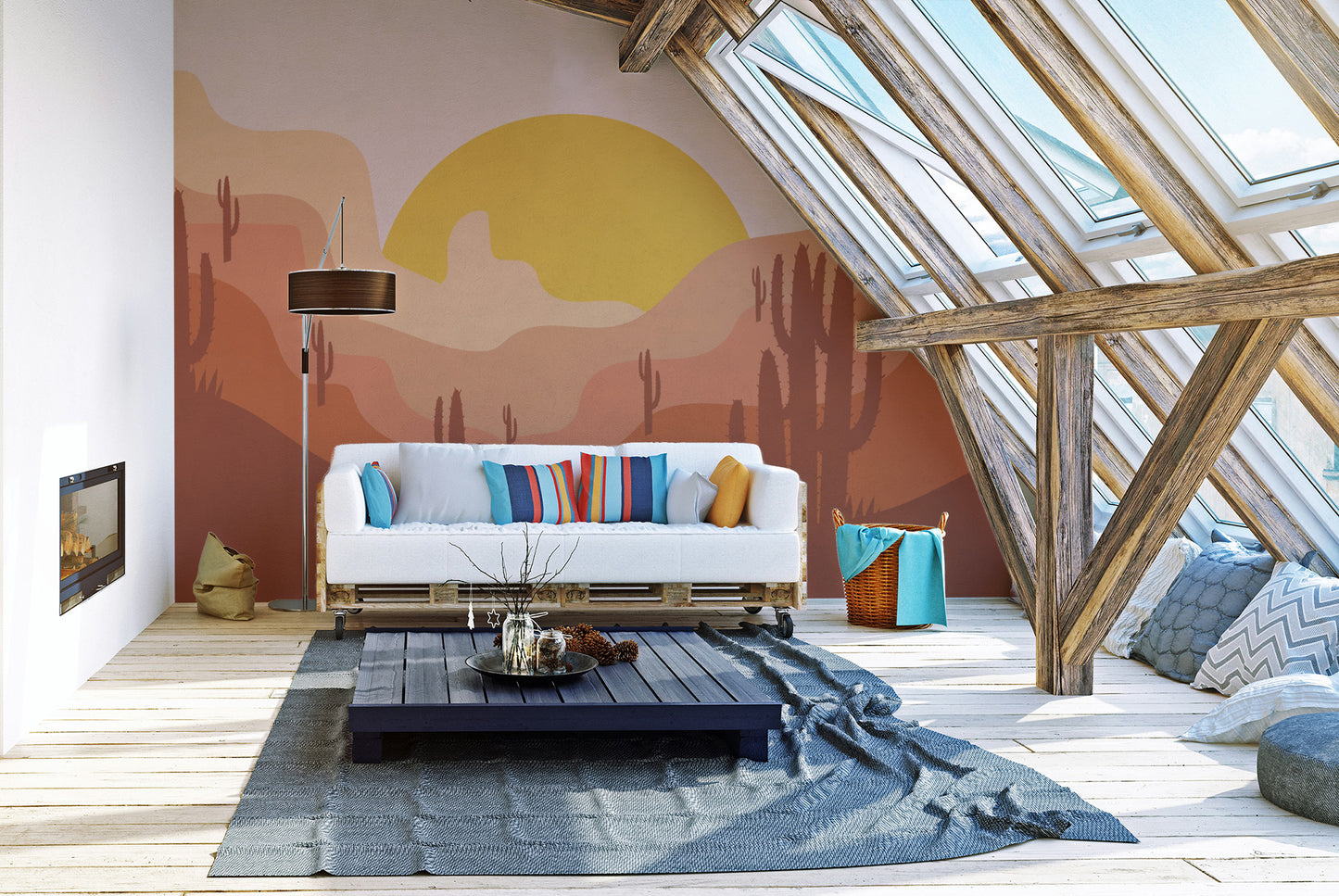Removable desert landscape wall mural in an attic living room featuring a white sofa and natural light from skylights.