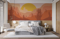 Premium desert landscape wall mural in a contemporary bedroom with grey bedding and a wooden headboard for a warm look.