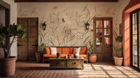 Dusty Pink Tropical Forest with Heron Birds wallpaper mural styled along a hallway feature wall near a console in beige tones