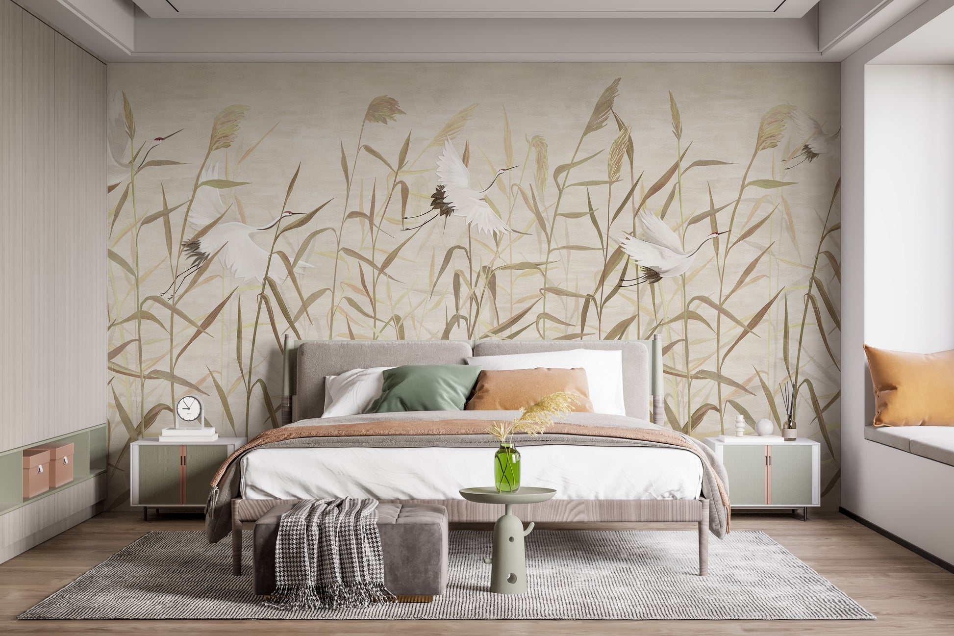 Dusty Pink Tropical Forest with Heron Birds wallpaper mural as a feature wall in a home office workspace in beige tones