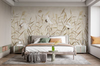 Dusty Pink Tropical Forest with Heron Birds wallpaper mural as a feature wall in a home office workspace in beige tones