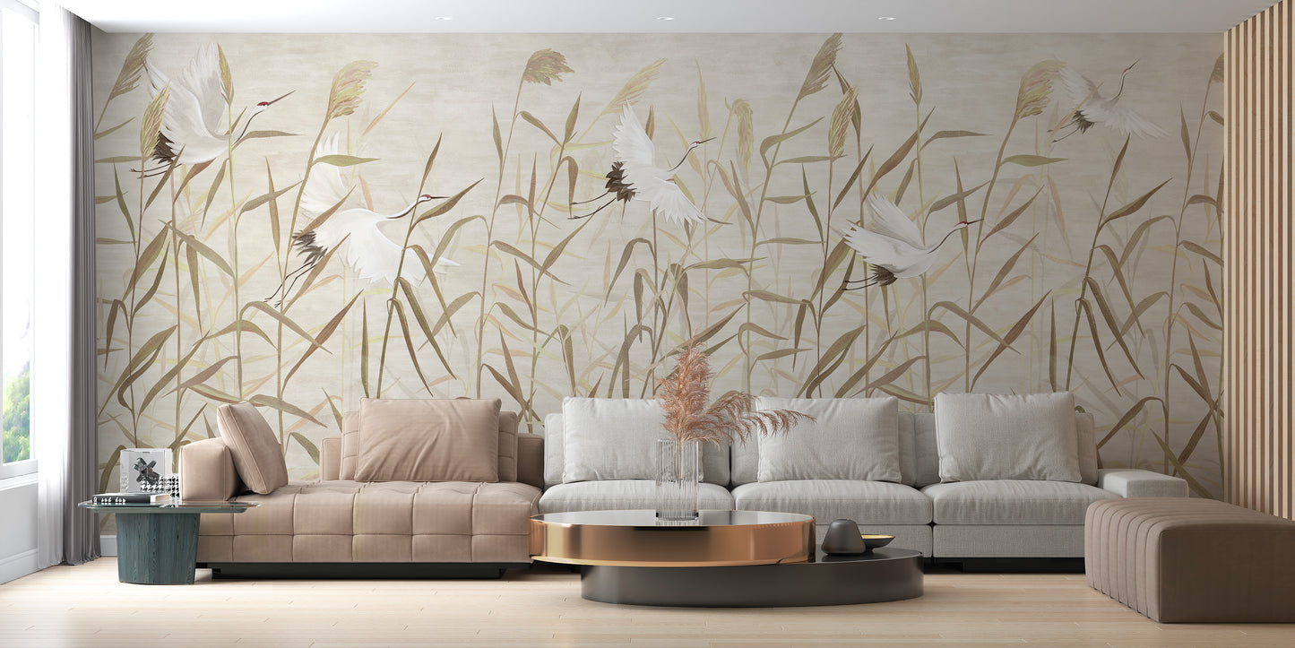 Dusty Pink Tropical Forest with Heron Birds wallpaper mural styled as a feature wall behind a dining table and chairs