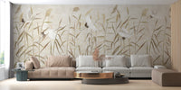 Dusty Pink Tropical Forest with Heron Birds wallpaper mural styled as a feature wall behind a dining table and chairs
