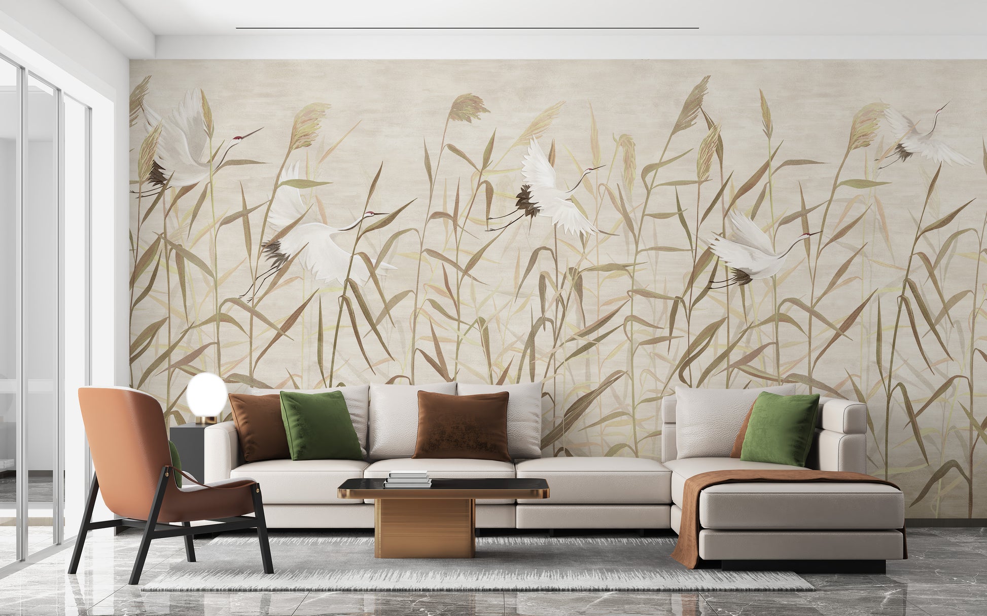 Dusty Pink Tropical Forest with Heron Birds wallpaper mural as a bedroom feature wall behind the headboard in beige tones