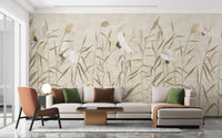 Dusty Pink Tropical Forest with Heron Birds wallpaper mural as a bedroom feature wall behind the headboard in beige tones