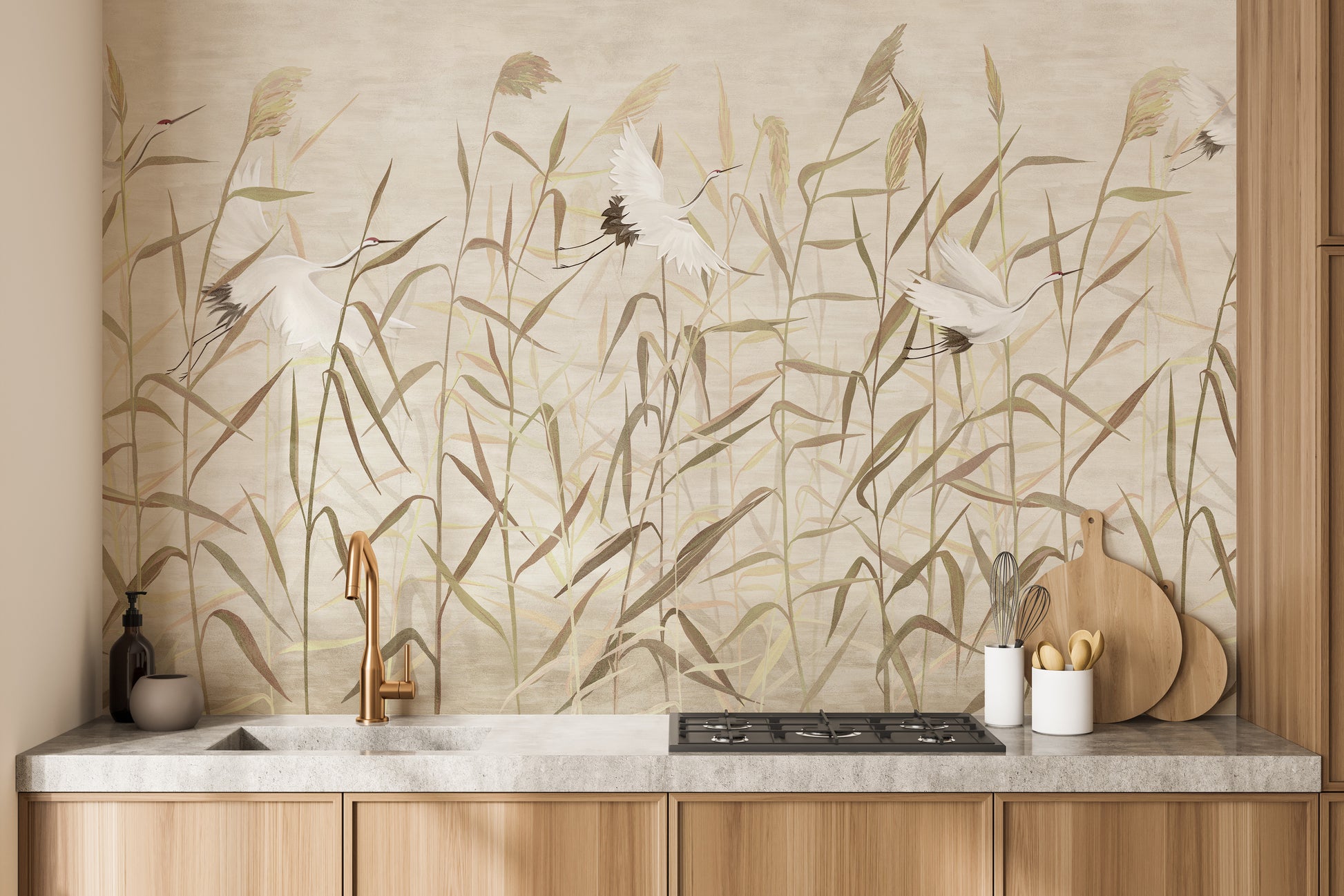 Dusty Pink Tropical Forest with Heron Birds wallpaper mural as a feature wall in a bright, contemporary living room