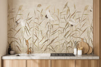 Dusty Pink Tropical Forest with Heron Birds wallpaper mural as a feature wall in a bright, contemporary living room
