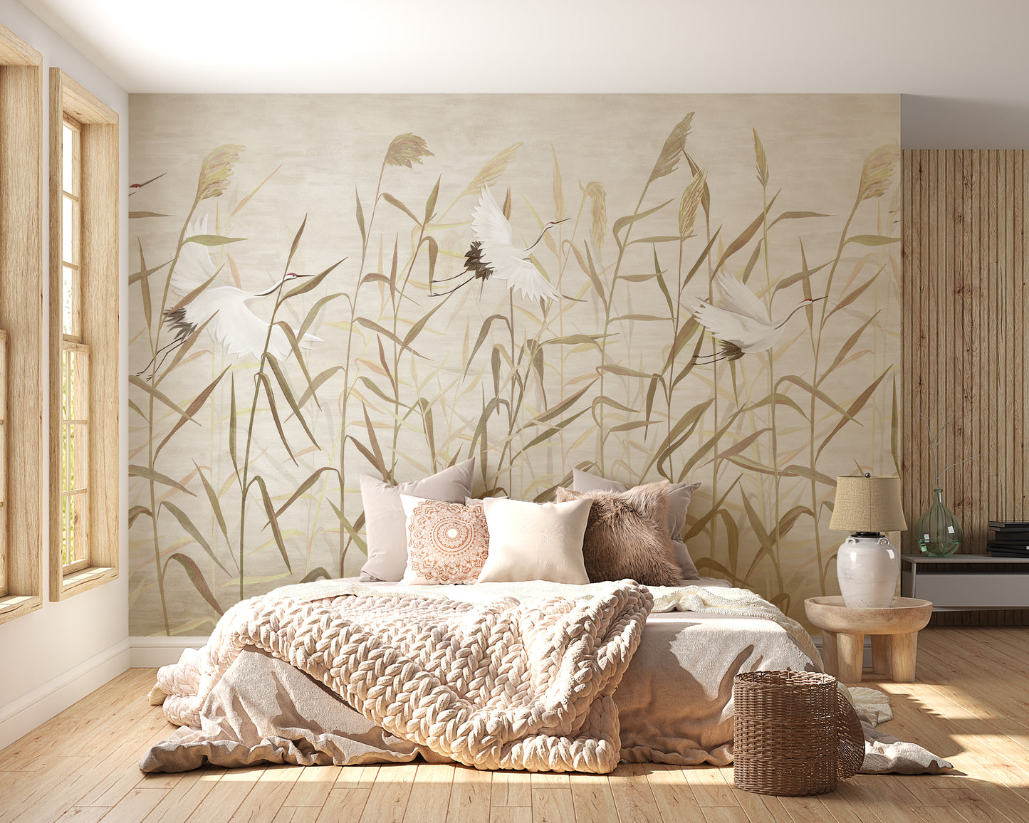 Dusty Pink Tropical Forest with Heron Birds wallpaper mural styled as a living room feature wall behind a sofa and seating