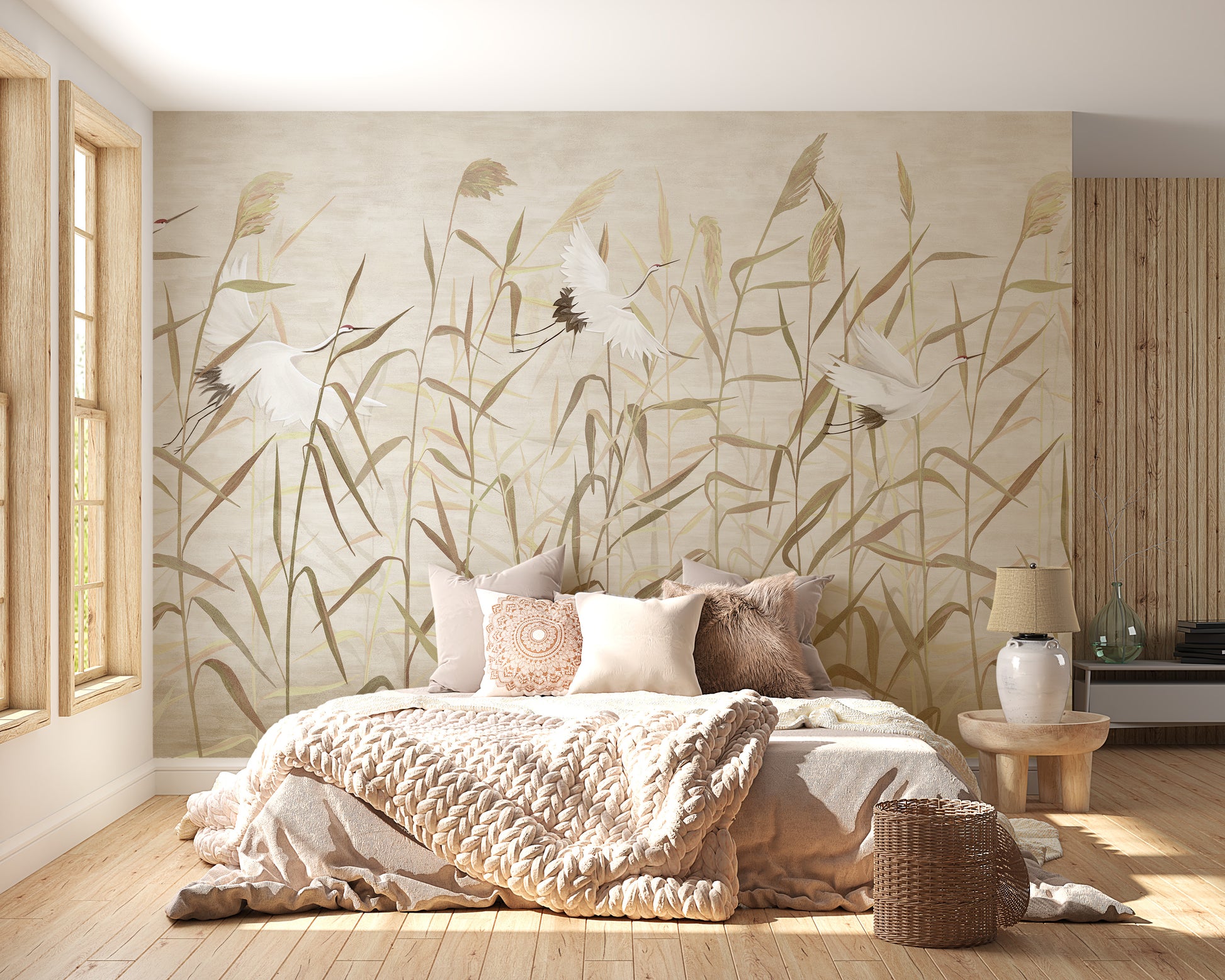 Dusty Pink Tropical Forest with Heron Birds wallpaper mural styled as a living room feature wall behind a sofa and seating