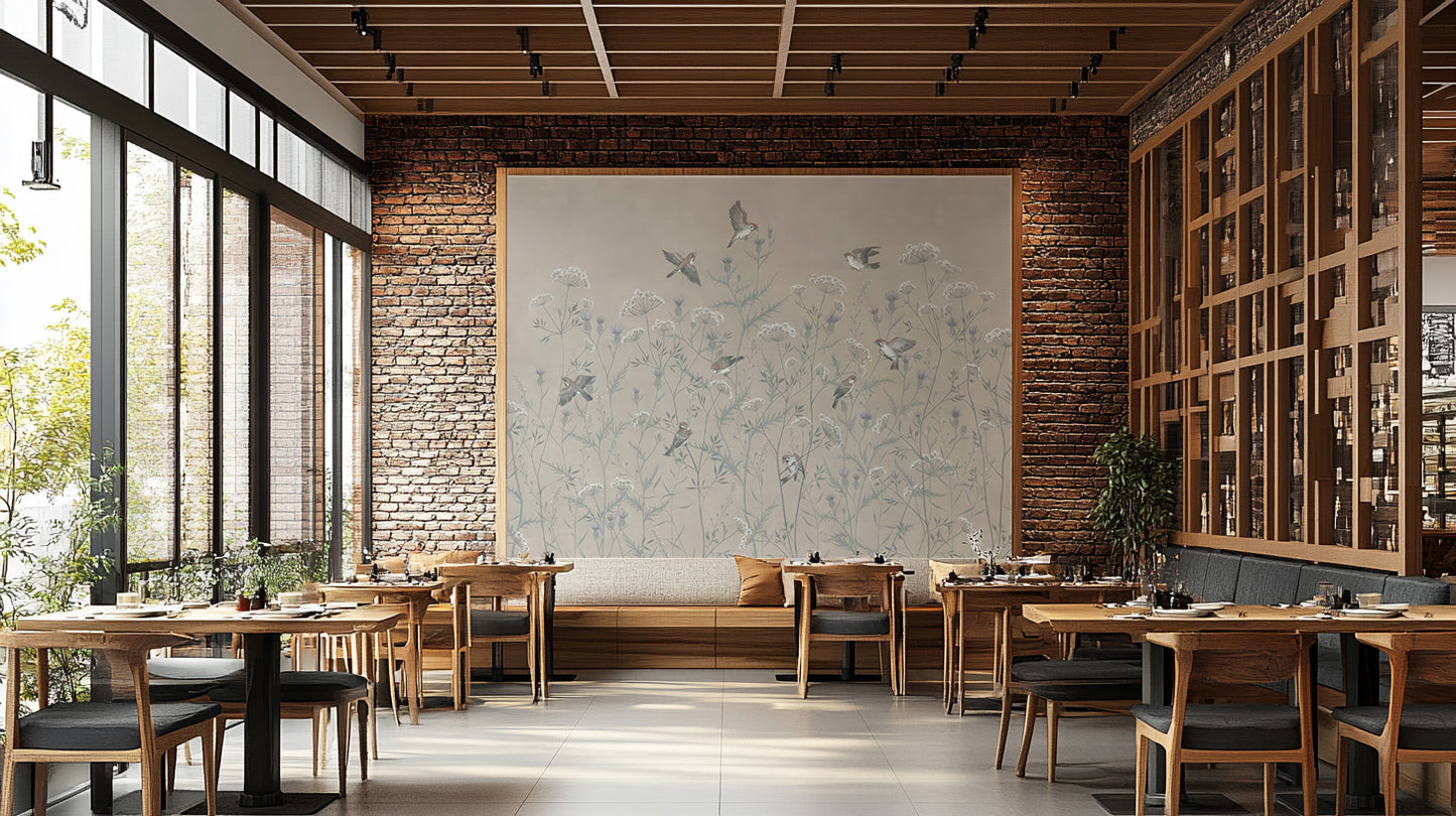 Enchanted Aviary Ballet mural framed on a brick wall in a restaurant dining room with wooden tables