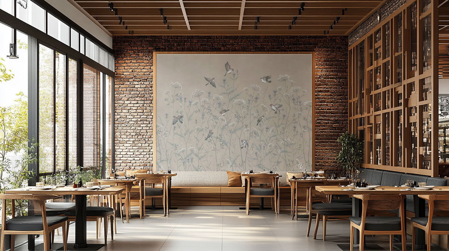 Enchanted Aviary Ballet mural framed on a brick wall in a restaurant dining room with wooden tables