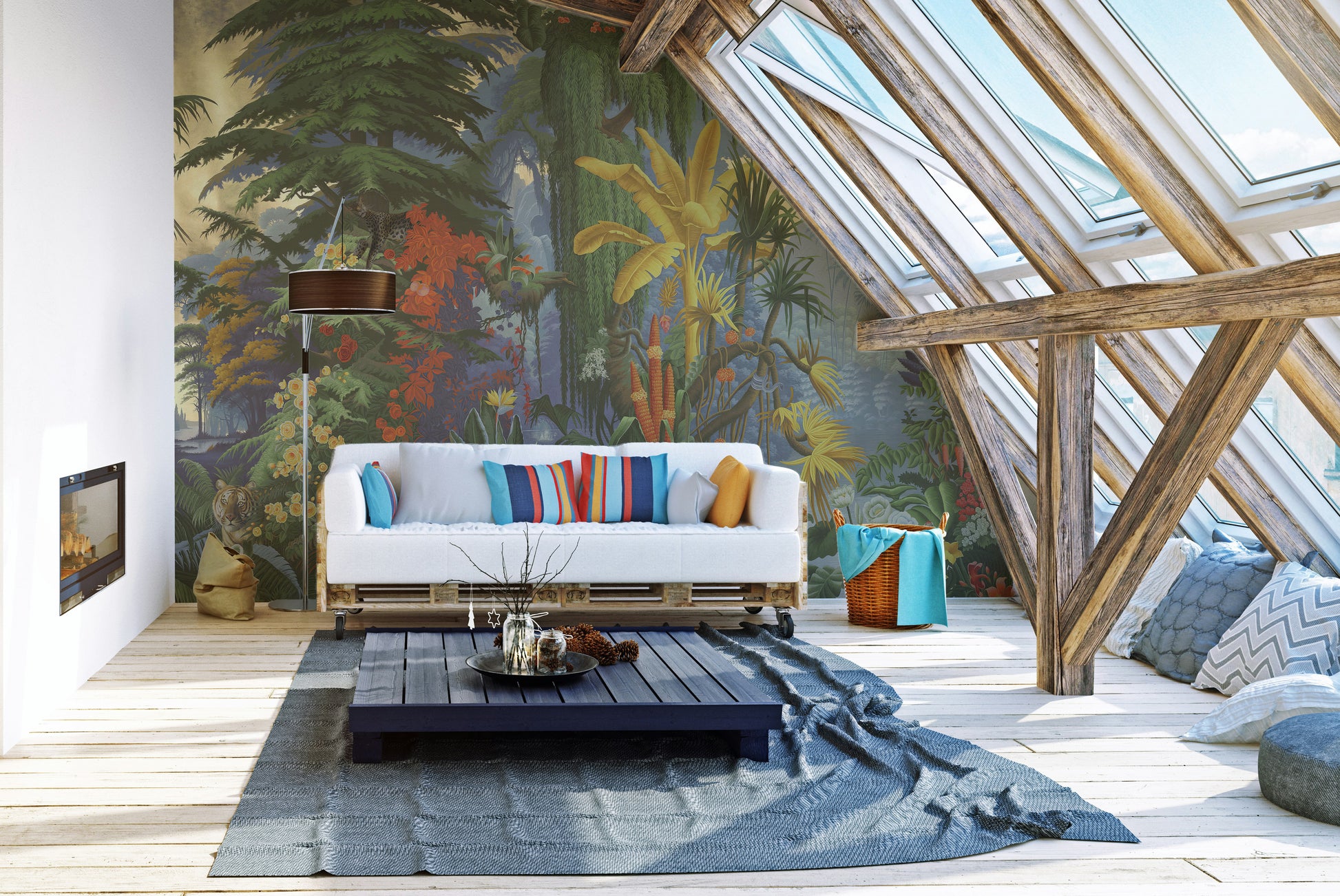 Tropical wildlife jungle scene wallpaper with lush greenery.