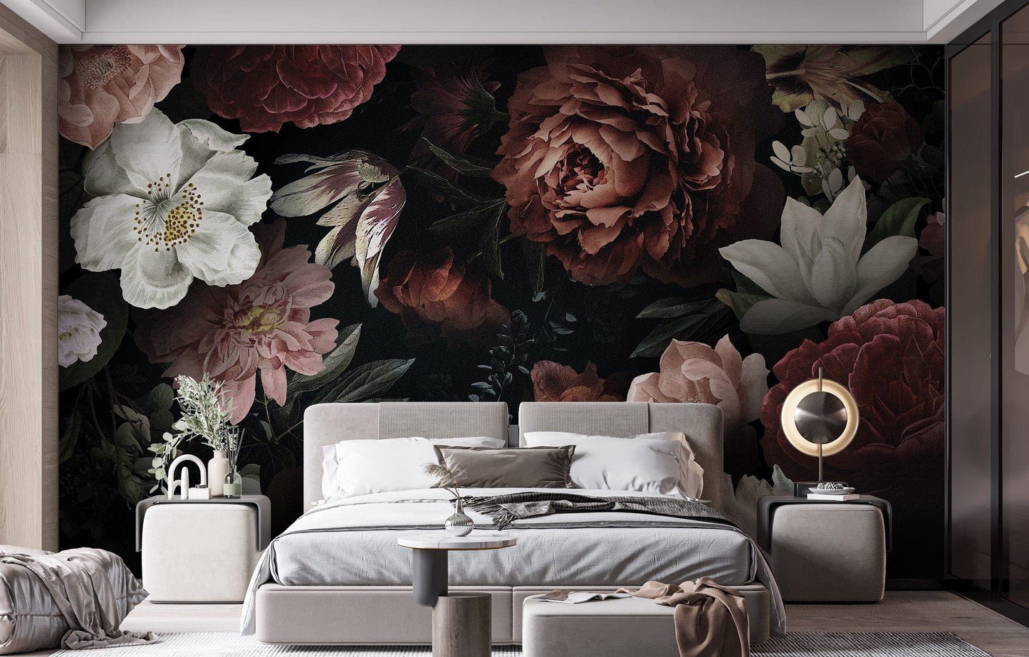 Bold and colorful floral wallpaper design in bedroom