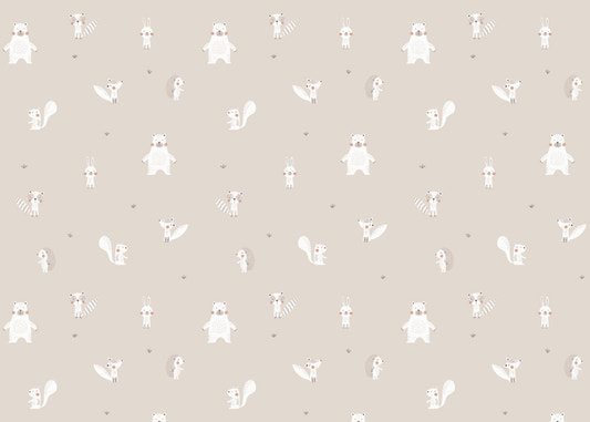 Forest Animals Beige Wallpaper featuring deer, rabbits, and foxes in a neutral tone.