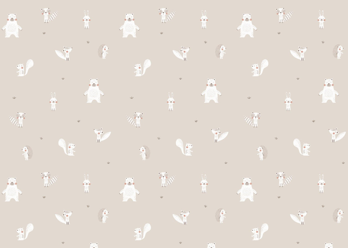 Forest Animals Beige Wallpaper featuring deer, rabbits, and foxes in a neutral tone.
