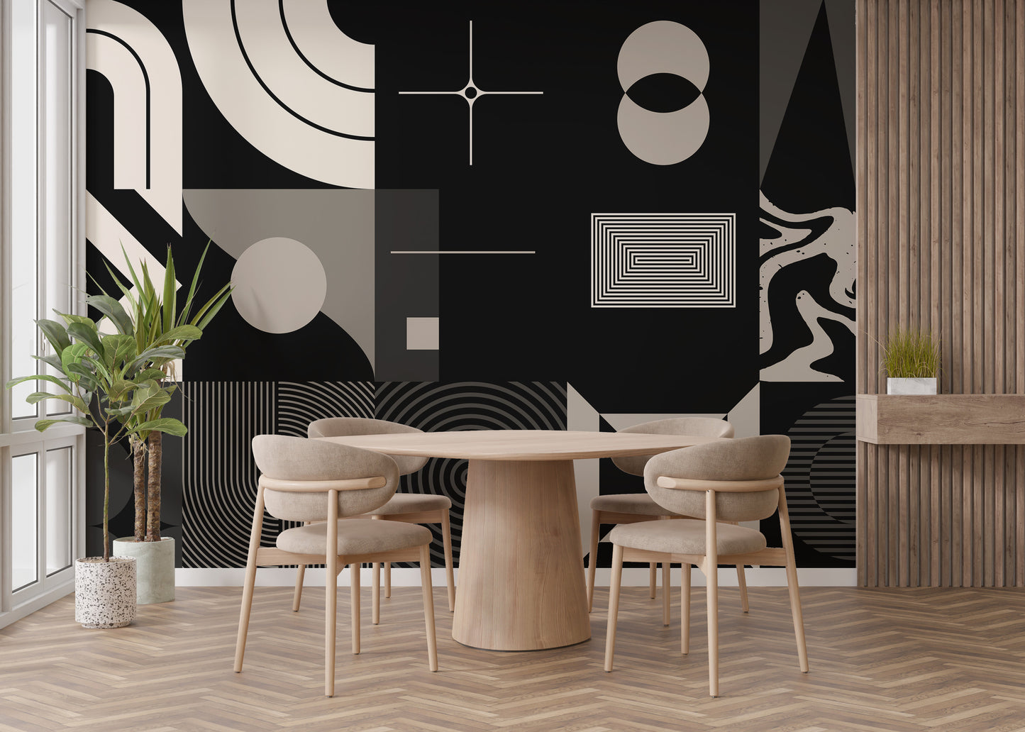 Black and beige wallpaper featuring artistic geometric lines