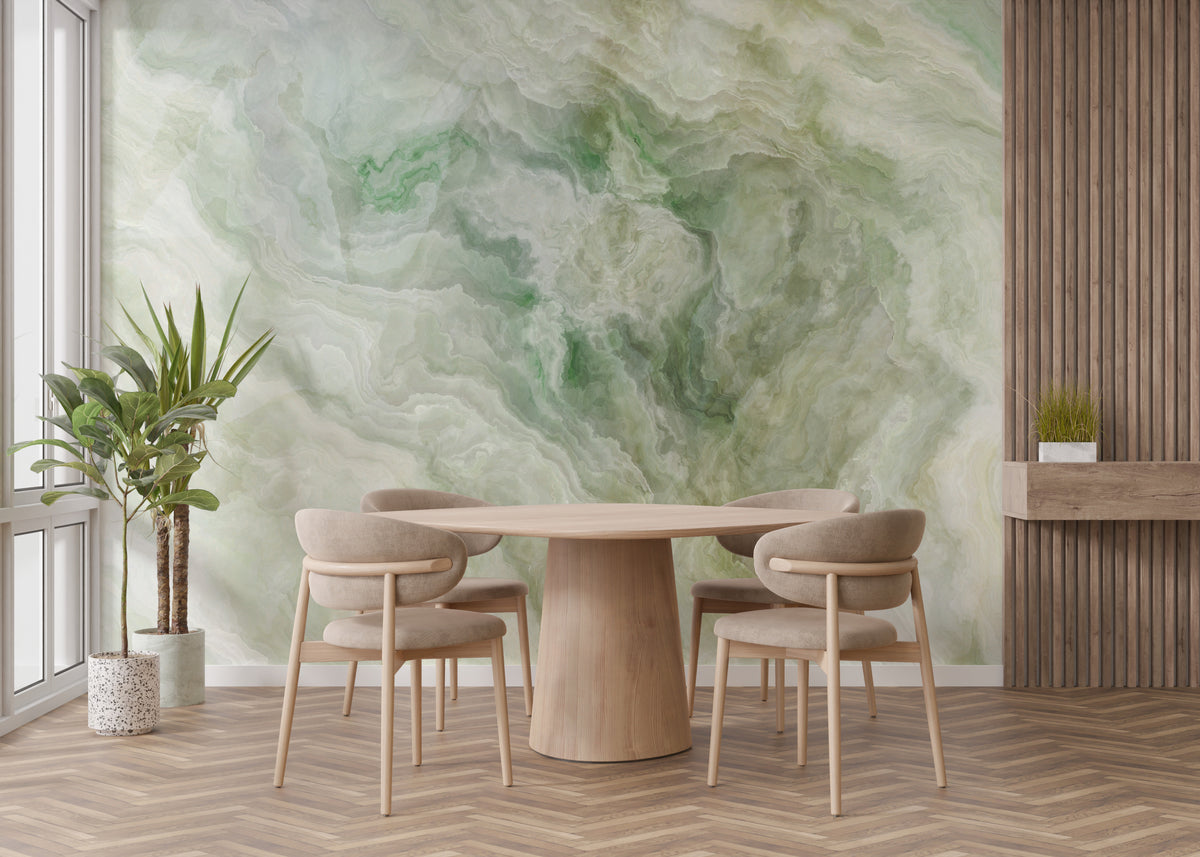 Green Marble wallpaper mural shown as a full feature wall that highlights the design