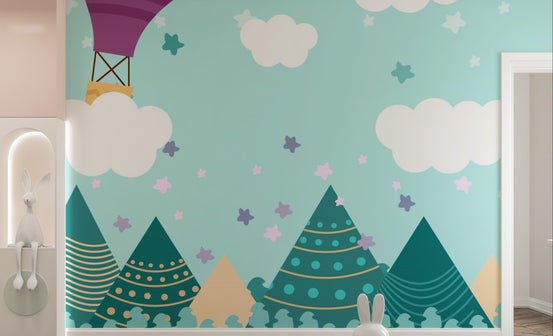 Hot Air Balloons Nursery wallpaper mural shown as a full feature wall that highlights the design