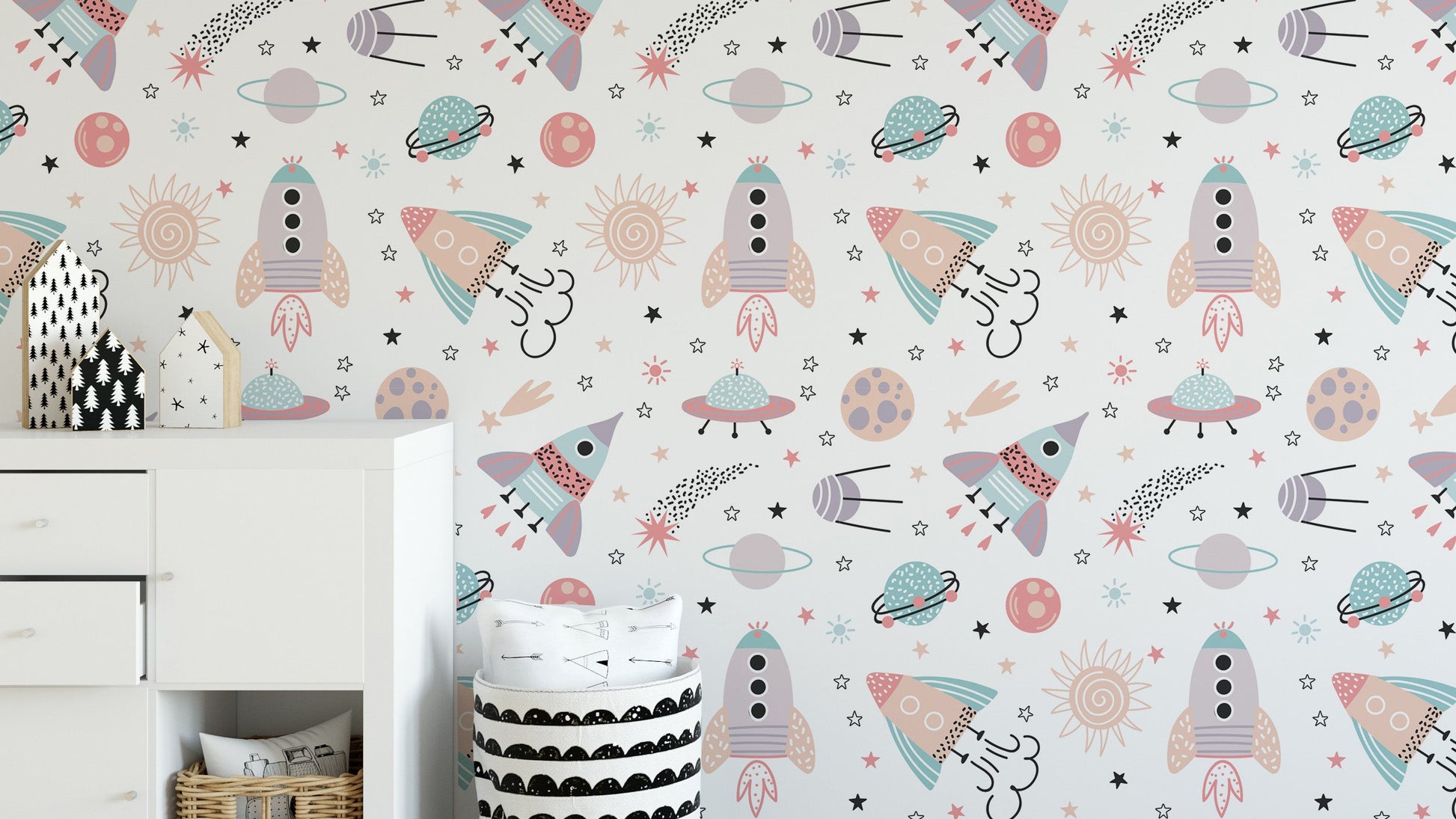 Playful space-themed wallpaper design
