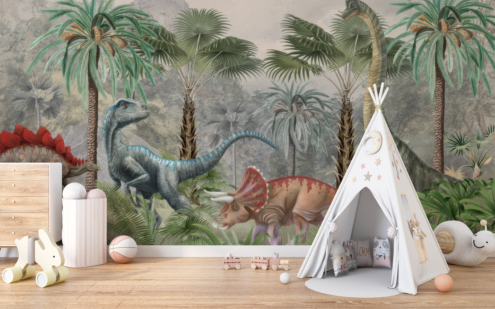 Mesozoic Mingle wallpaper mural of a jungle with a raptor and triceratops in a kids room with a white teepee tent