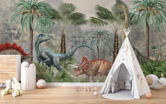 Mesozoic Mingle wallpaper mural of a jungle with a raptor and triceratops in a kids room with a white teepee tent